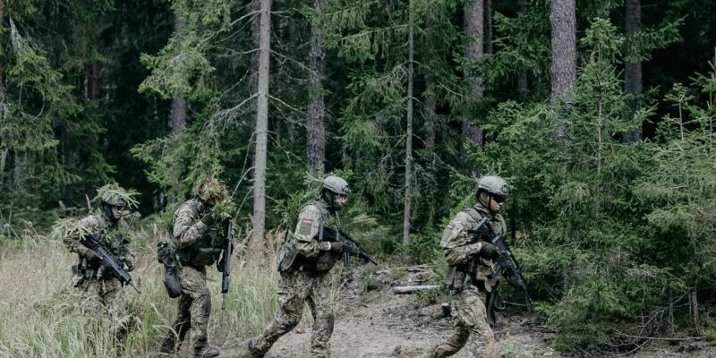 Četri karavīri maskēšanās tērpos ar šautenēm un Latvijas karoga ielāpiem uz pleciem pārvietojas pa mežu.